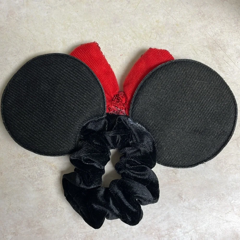 Minnie Mouse Ears Hair Tie Black Velvet Scrunchy with Sequined Red Bow